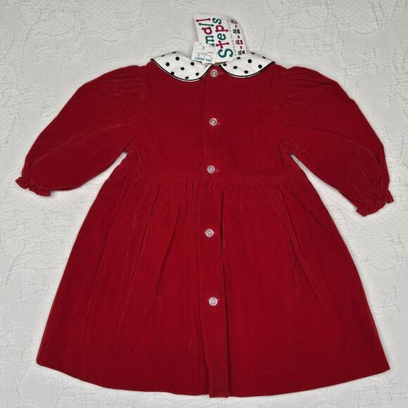 Small Steps Red Velvet Polkadot Bow 80s Party Baby Kid Dress 18 Months Christmas - Picture 5 of 8